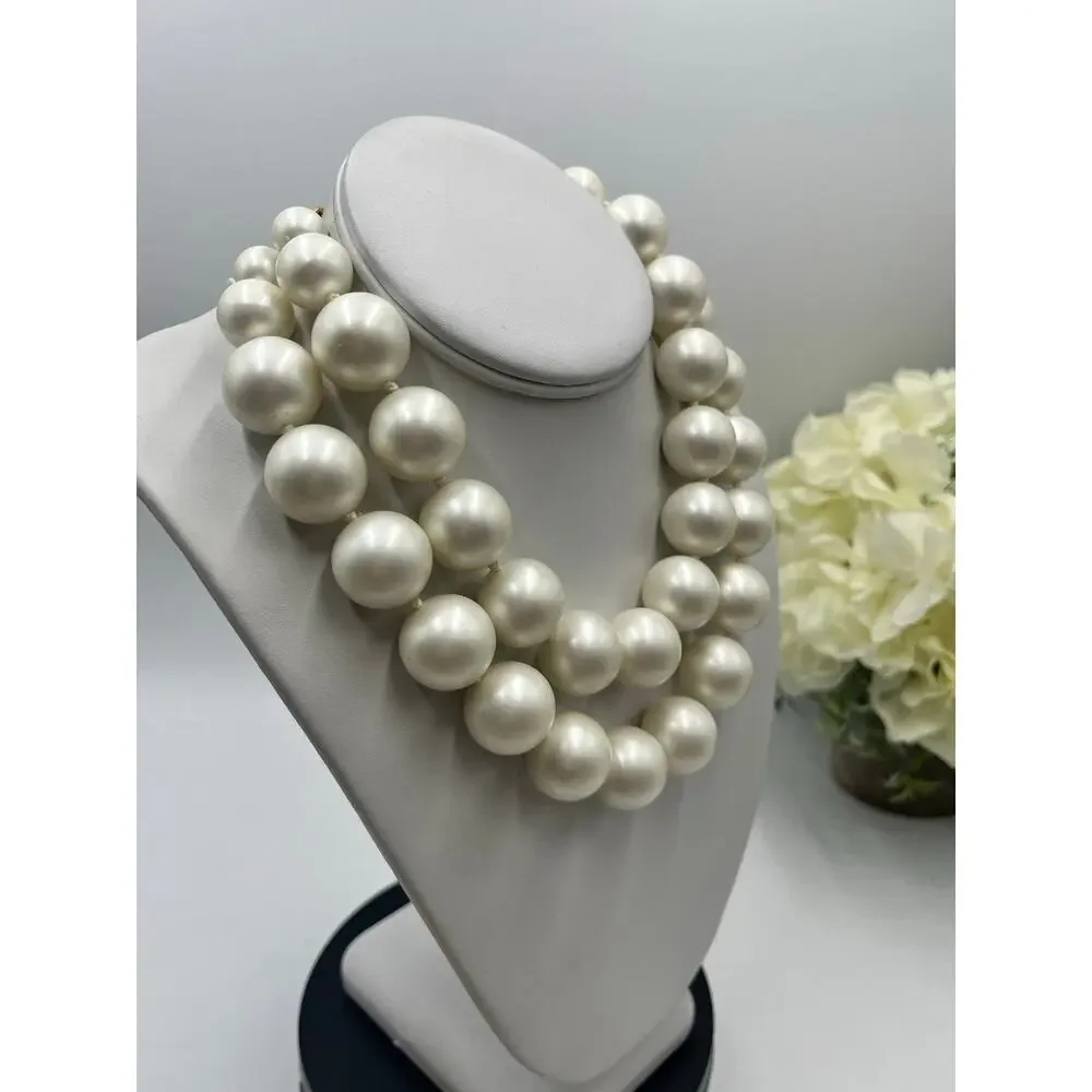 Vintage Large Double Strand Ivory Faux Acrylic Pearl Gold Tone Hook Necklace 20m